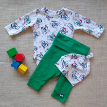 Load image into Gallery viewer, This adorable baby bodysuit & pants & hat set will make the perfect baby Christmas gift. is made of soft cotton knit with a smooth hand, featuring a natural 2-way stretch. Each item is also sold separately.Nickel-free snap closure allows for quick diaper changes. Fabric is prewashed and preshrunk. Machine wash/tumble dry.Made in Vermont, USA